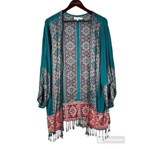 Time For Me Women Sz XL Turquoise Brocade Kimono Boho Print Cardigan Fringe T4